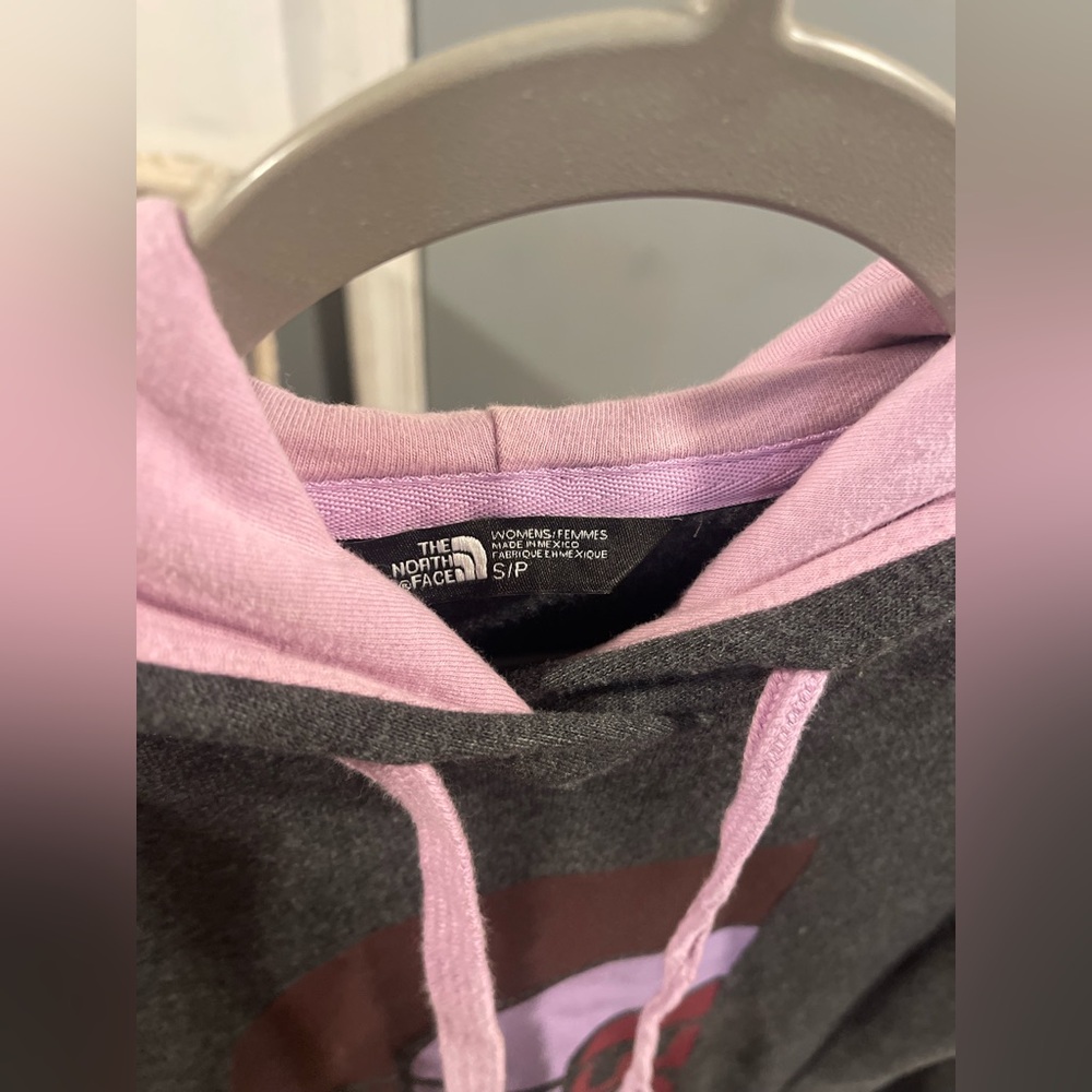 The North Face Hoodie Gray Purple Pullover Pockets Vertical Logo Size S - Picture 3 of 9